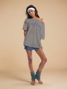 Athîral Women Letter Print Asymmetric Neck Short Sleeve Loose Casual T-Shirt