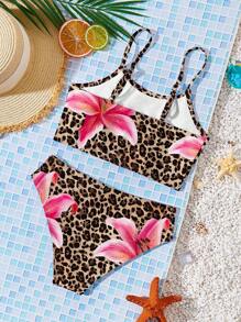 Costume da bagno a due pezzi tankini aderente da ragazza con stampa leopardata, ibisco e fiori di ibisco, in stile da spiaggia, adatto per l'estate #Coconutgirl