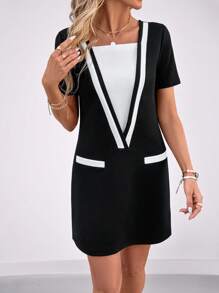 SHEIN Clasi 女士撞色黑白短袖针织宽松休闲百搭短裙 - 黑與白 - 查看 5