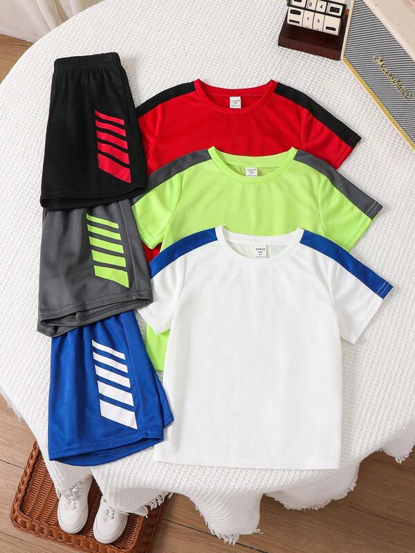 6pcs Young BoyMulti-Color Patchwork Sports Set, Suitable For School, Outdoor Running, Sports Wear