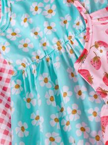 SHEIN Set de 3 piezas para niñas jóvenes con vestido tipo camiseta cómodo estampado con unicornio y helado, adecuado para fiesta de niños, vacaciones, verano, regalo para la mejor amiga
