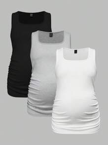 Modmama Set de 3 camisetas de tirantes de unicolor para maternidad, slimming, casuales y sencillas, perfectas para el verano - Blanco y Negro - Ver 15