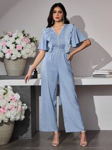 Modelyn Women's Solid Color Mesh Splice Faux Pearl Webbing Belt Jumpsuit - Blue - View 8