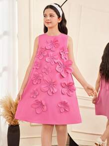SHEIN Tween Girl Casual Simple Stand Collar Dress With 3D Floral Decor - Hot Pink - View 4