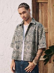 ROMWE MEN Street Life Men's Vacation Casual All Over Print Denim Shirt - Multicolor - View 7