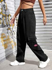 SHEIN EZwear Patched Detail Flap Pocket Wide Leg Cargo Jeans - Black - View 6