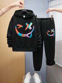 兒童青少年男童街頭風格印花帽衫和寬鬆針織運動褲套裝，長袖和彈性袖口 - 黑色 - 查看 8