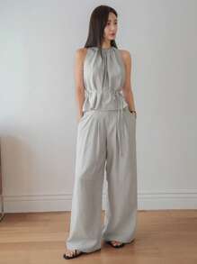 Dazy-Less 女士两件套 - 纯色简约休闲艺术系腰吊带上衣和裙子套装，夏季商务休闲女士亚麻 - 杏色 - 查看 6