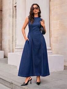 SHEIN Forever 21 Women's Sleeveless A-Line Maxi Dress,Vintage Casual Street Style For Spring - Dark Wash - View 1