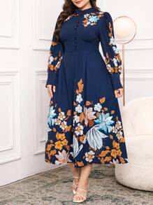Modelyn Abito lungo elegante con maniche lunghe e stampa floreale per taglie forti per uso quotidiano