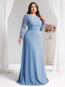 Coutiva Plus Size Elegant Bubble Bead Contrast Lace A-Line Party Dress, Formal, Gown, For Evening, Wedding Guest