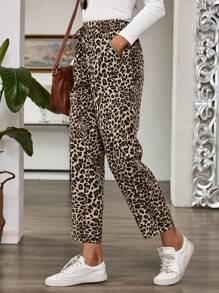 SHEIN PETITE CURVE Leoparden-Muster Lässig Hose mit Taschen und Knotendesign in Große Größen, Sommerhose, Frühling, Abschlussfeier - Braun - Übersicht 7