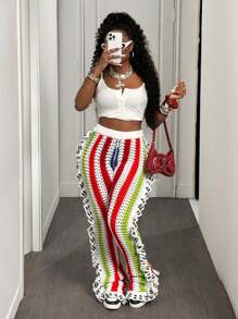 Slaydiva 2025夏季新款音乐节复活节毕业季学生日常休闲百搭百搭休闲邮轮旅行海滩阳光时尚钩针镂空网眼撞色荷叶边女毛衣裤套装 - 彩色 - 查看 4