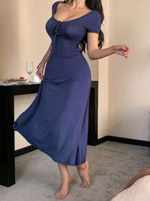 DAZY Solid Color Plunging Neckline Cinched Waist Women's Loungewear Dress Pajama - Blue - View 4