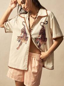 Bohemela 休闲纯色梭织宽松女式衬衫 - 卡其色 - 查看 6