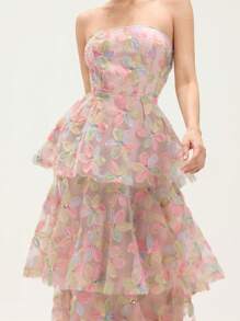 GENKIRA Pink Floral Elegant Embroidered Ditsy Floral Sleeveless Dress For Women,Summer Style Wedding Ninang Delicate Design Spring Autumn Fall - Multicolor - View 3