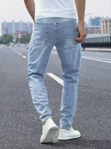 Manfinity Homme Men's Casual Washed Tapered Straight Leg Jeans Jeans For Men - Light Wash - View 2
