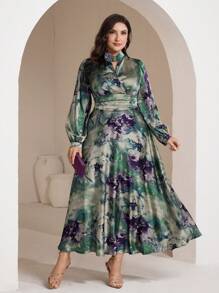 Veilorie Plus Size Women Tie-Dye Print Lantern Sleeve Waisted Elegant Dress - Multicolor - View 5