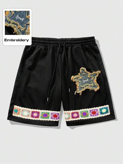 Prep Pantalones cortos deportivos con estampado floral, detalles de cinta y fuente gótica con estrella, adecuados para primavera/verano, Halloween