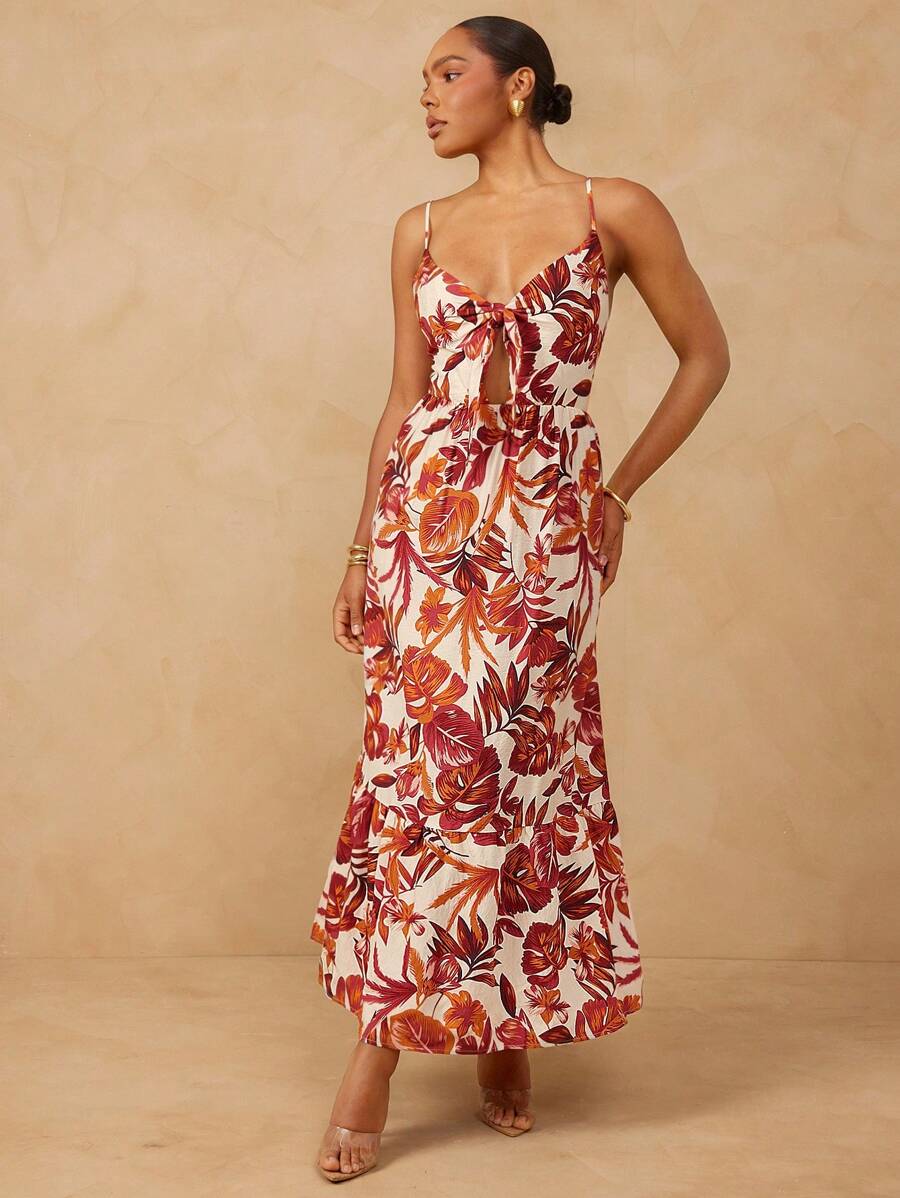L'Amorae 大码女式热带植物印花系带吊带连衣裙，度假装