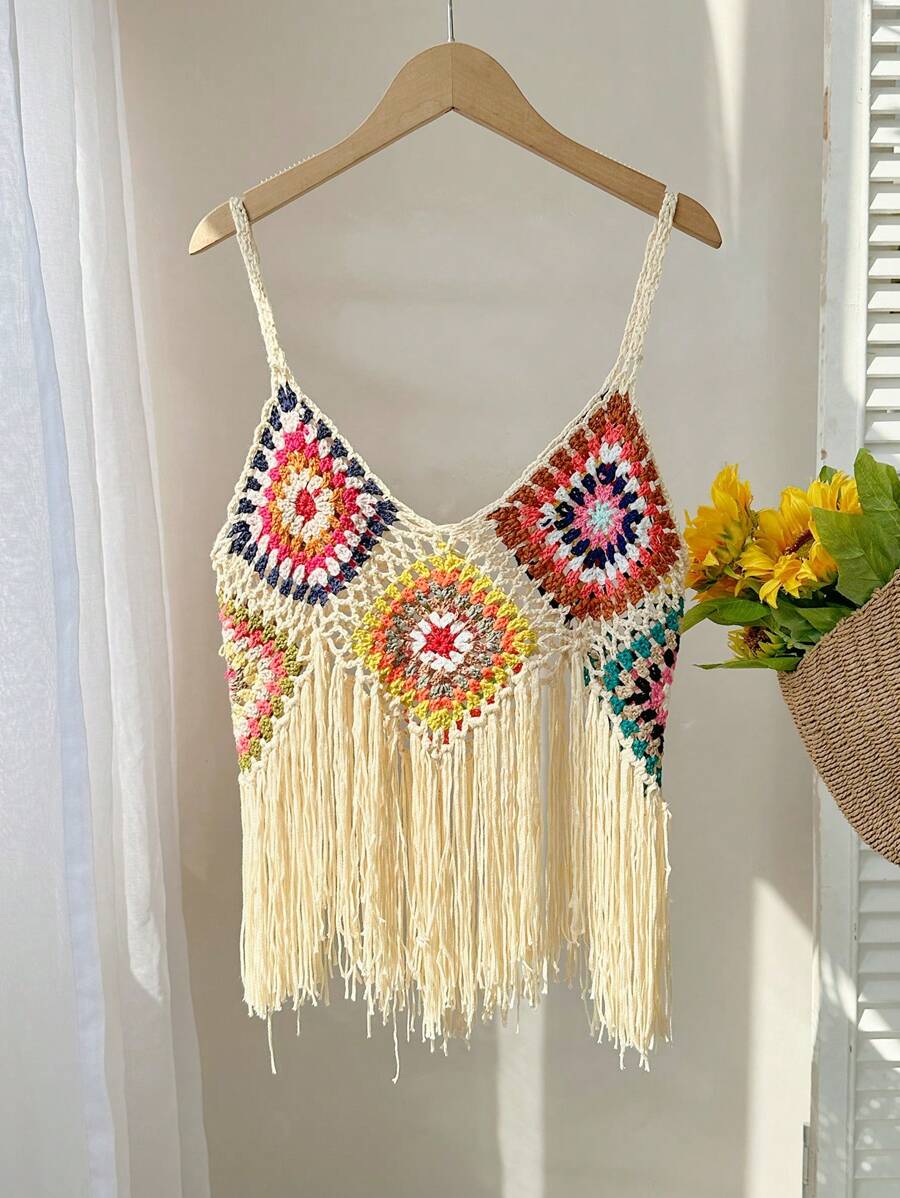 Skyraze Parte superior de punto de tirantes con flecos calados (color de estampado aleatorio), Blusa de verano para mujeres, Cubrecosturas de punto floral calado, Salida de playa de verano