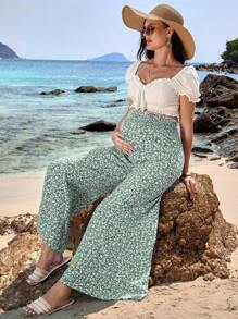 SHEIN Pregnant Women's Ditsy Floral Elastic Waist Loose Leg Pants