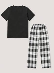 SHEIN 青少年男童格子口袋T恤和长裤睡衣套装