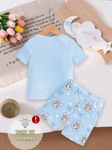 Girls Pajama Set - Blue Rabbit Print Elegant & Fashionable Tight Fit Short Sleeve Top & Shorts 2Pcs, Suitable For Young Girls - Blue - View 2