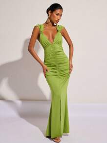 COSMINA 女士优雅褶饰连衣裙，适合春夏季派对和节日穿着 - 綠色 - 查看 1