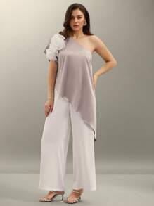 SHEIN Clasi Plus Size Floral Print Off-The-Shoulder Top With Elastic Waist Pants 2 Pieces Set, Elegant Party/Wedding Guest Outfit, Spring/Summer - Multicolor - View 1