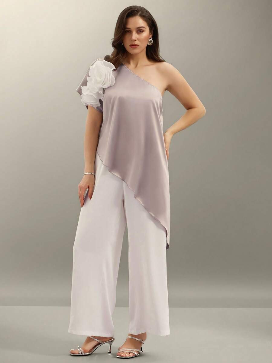 SHEIN Clasi Plus Size Floral Print Off-The-Shoulder Top With Elastic Waist Pants 2 Pieces Set, Elegant Party/Wedding Guest Outfit, Spring/Summer - Multicolor - View 1