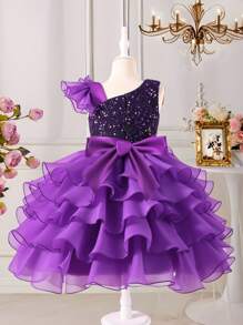SHEIN Vestido de princesa para niña con detalles de lazos con lentejuelas y velo de tul multicapa