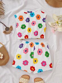 Babygirl 可爱彩色花卉印花短袖上衣和松紧腰短裤套装，夏季 - 彩色 - 查看 2