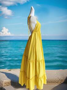 Breezaya Vestido largo tipo A con estilo boho, cuello halter, volantes, escote profundo en V y lazadas en la espalda, en color amarillo mantequilla soleado y romántico, ideal para conciertos, graduaciones, fiestas en la playa, vacaciones y viajes, de nueva colección primavera y verano 2025, estilo resort - Amarillo - Ver 4