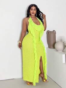 Slaydiva Đầm bodycon cổ yếm họa tiết neon màu xanh lá cây cỡ lớn cho kỳ nghỉ xuân/hè gợi cảm thường ngày - màu xanh lá - Xem 3
