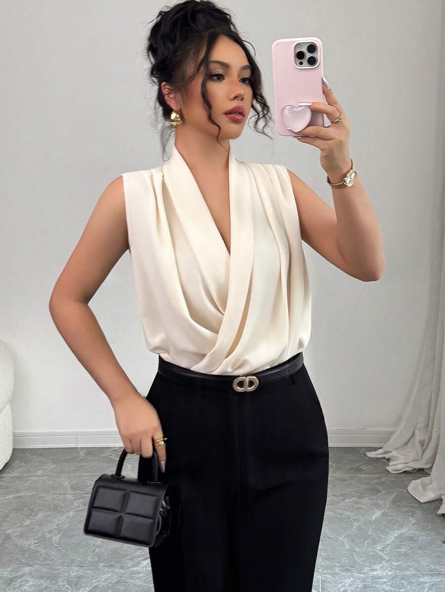 Chiquease Casual Commute Solid Color Wrap Sleeveless Shirt - Apricot - View 1