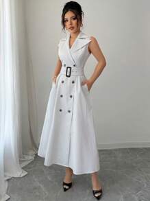 Elenzga Abito estivo da donna elegante con colletto a camicia, decorato con bottoni e cintura, a righe senza maniche