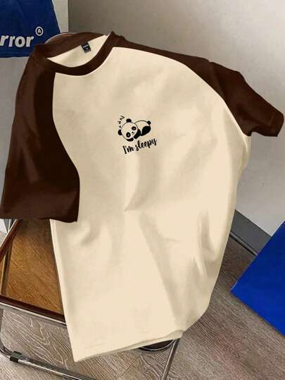 SHEIN Essnce Camiseta de manga corta y cuello redondo ajustada con estampado de panda adorable "FELIZ", apta para el verano