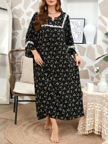 Serenescape Plus Size Women's Casual Ditsy Floral Notch Neck Flower Embroidery Decor Nightgown Perfect Summer, Moo Moo Sleep Dress, Cozy Outfit, Fall & Winter - Black - View 5