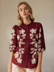 SHEIN PETITE Women's Stylish Short Sleeve Shirt, Suitable For Summer - Burgundy - View 4