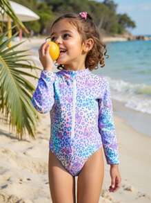 SHEIN 高品质长袖女童连体泳衣，适合海滩、度假村和温泉