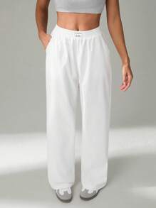 SHEIN Tall 基本款宽松休闲度假裤 黑色直筒裤 - 白色 - 查看 3