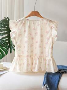 CosyJoli Blusa rosa con cuello bordado, manga corta y volantes, de uso versátil y casual, talla grande para mujer - Rosa - Ver 8