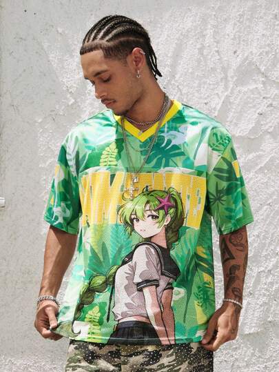 Anime تي شيرت رياضي قصير الأكمام للرجال من نسيج شبكي مرقع