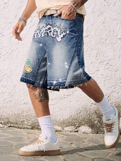 Street Life Men's Rhinestone Patchwork Contrast Color Denim Shorts Jorts