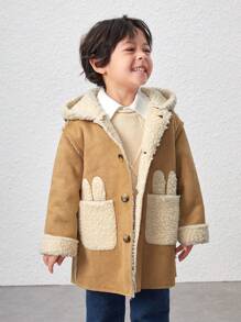 SHEIN Young Boy Dual Pocket Teddy Lined Hooded Coat - Khaki - View 5