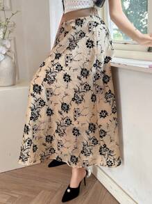 DAZY 植绒花卉拼接优雅A字网纱拼接半身裙，女士秋季裙装