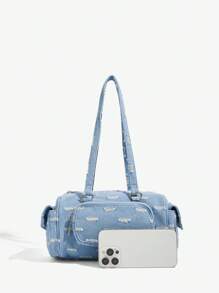SHEIN ICON 女士单肩包、流浪包、时尚、个性、简约、百搭、街头风、甜美酷炫女孩、辣妹、千禧一代、复古、铆钉、复古、牛仔效果、多口袋设计、机车风、青少年 - 藍色 - 查看 6