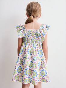 SHEIN Young Girls Floral Print Ruffle Hem Vacation/Holiday Dresses, Summer - Multicolor - View 2