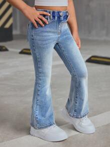 SHEIN Y2K Style Pocketed Flare Leg Casual Versatile Jeans For Young Girls - Light Wash - View 5